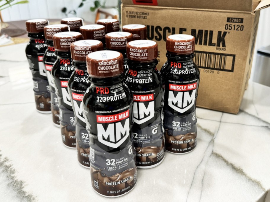 Muscle Milk 12-pack on kitchen counter