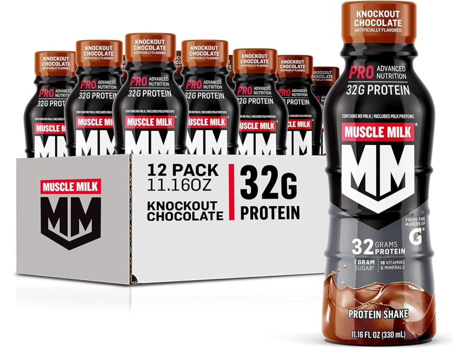 case of Muscle Milk Protein Shakes with large bottle in front of it