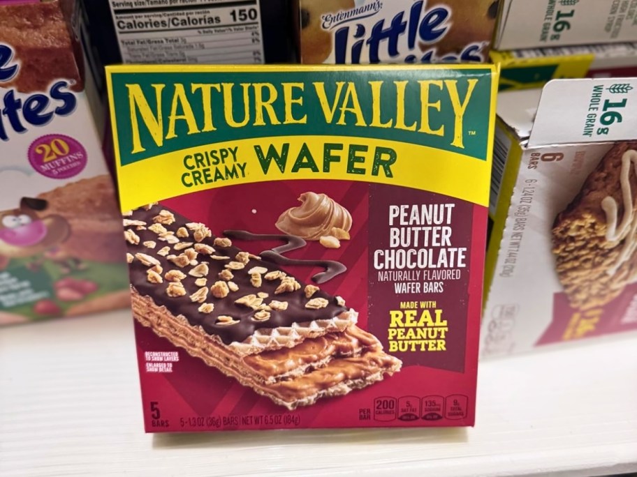 box of nature valley peanut butter chocolate wafer bars in pantry