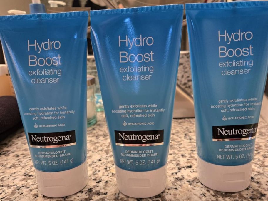 Neutrogena Hydro Boost Gentle Exfoliating Daily Facial Cleanser 5oz 3-Pack on counter