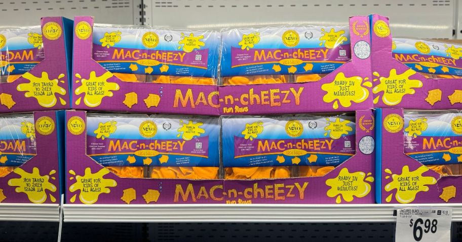 Nuovo Mac-n-Cheezy Ravioli packages on a shelf in a store