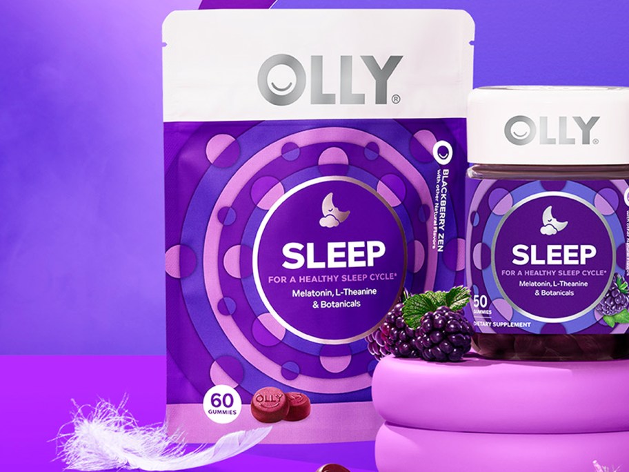 purple pouch and bottle of Olly Sleep Gummies