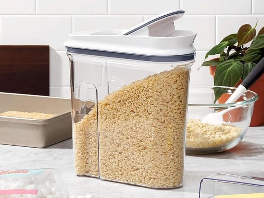 OXO Good Grips Airtight POP Large Cereal Dispenser 4.5-Quart on counter with cereal in it