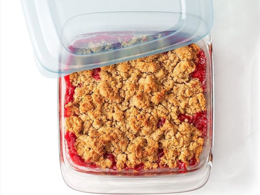 OXO Good Grips Glass 2-Quart Baking Dish w/ Lid with cobbler in it