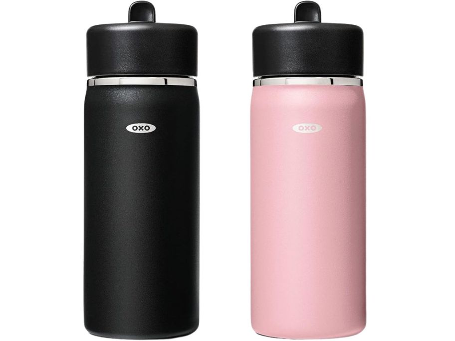 2 OXO Strive Water Bottles in black and pink