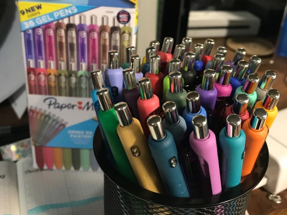 A pen holder filled with Paper Mate Ink Joy Pens