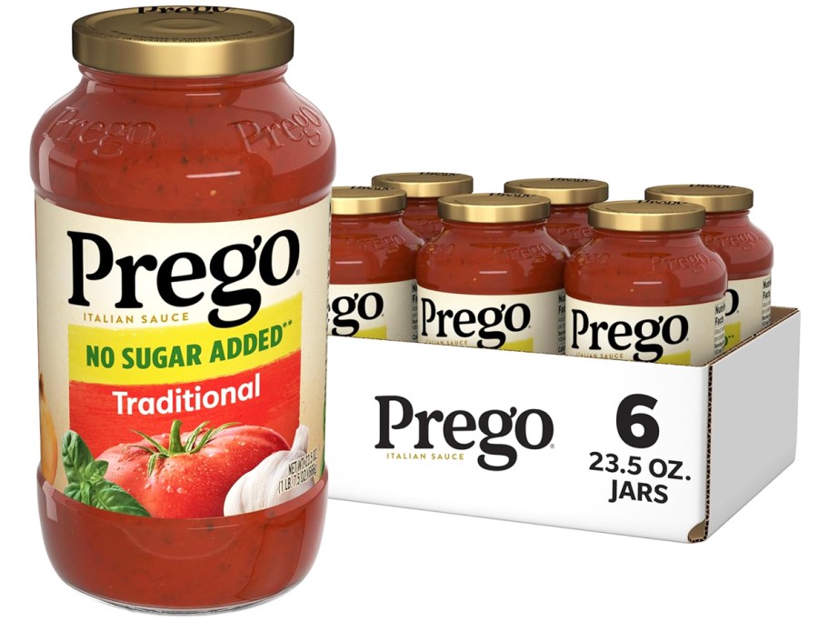 case of Prego Traditional No Sugar Added Pasta Sauce with large jar in front of it