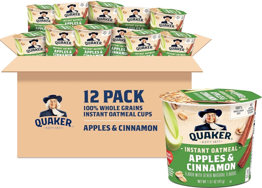 stock image of box filled with Quaker Instant Oatmeal Express Cups in apple cinnamon flavor