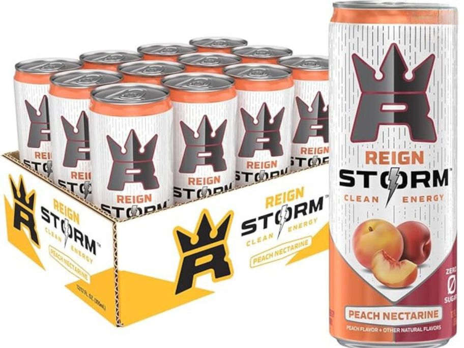Reign Storm Clean Energy Drink in Peach Nectarine 12oz 12-Pack stock image
