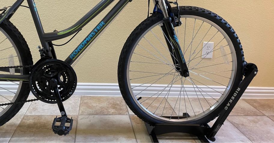 bike mounted on Ride KAC Bicycle Storage Stand inside of house