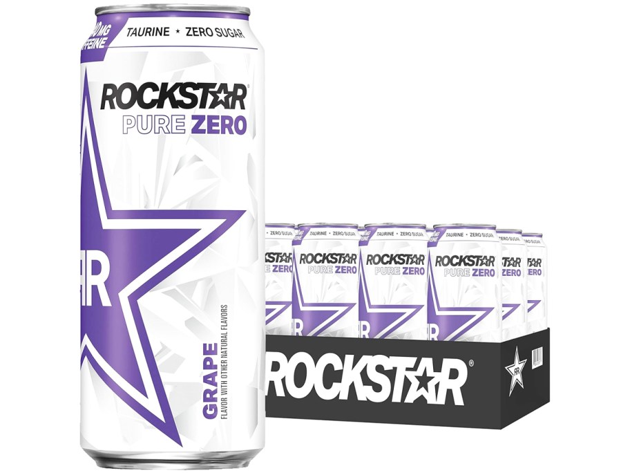 case of Rockstar Pure Zero Energy Drinks with large can in front of it