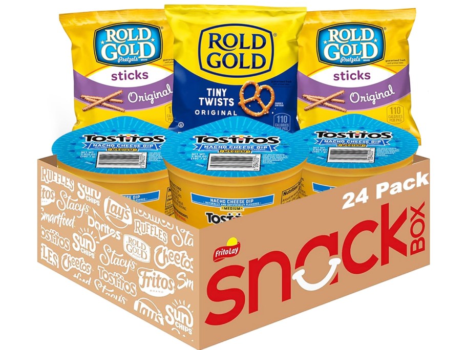 stock image of box filled with bags of rold gold pretzels and tostitos cheese cups