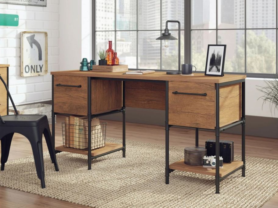 Sauder Iron City Industrial Double Pedestal Office Desk 