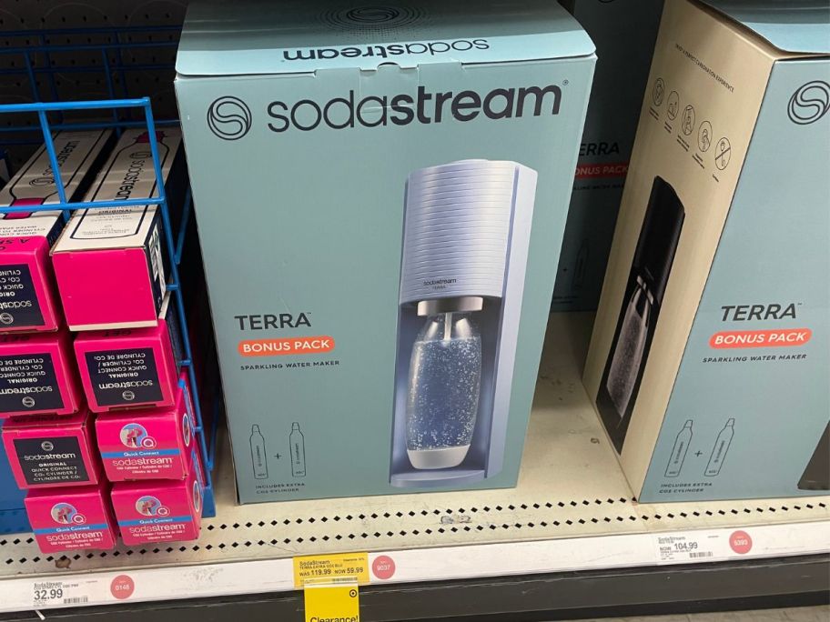 SodaStream Terra Sparkling Water Maker w/ Extra CO2 Cylinder & Carbonating Bottle in box on shelf