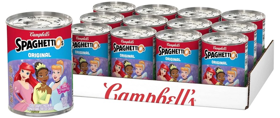 large can of SpaghettiOs Disney Princess pasta with 12-pack case behind it