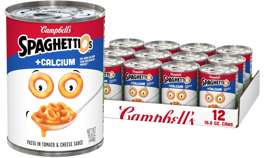 large can of SpaghettiOs Original Plus Calcium pasta with 12-pack case behind it