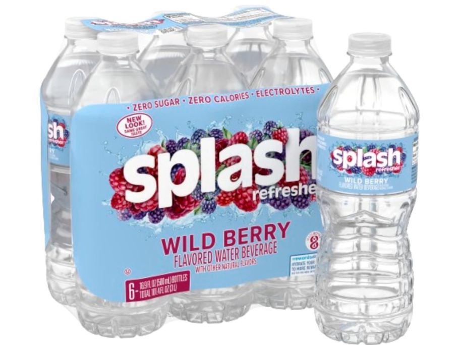 A 6-pack of Splash Refresher Wild Berry Flavored Water 