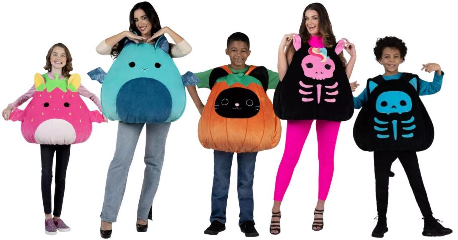 Kids and women wearing Squishmallows costumes