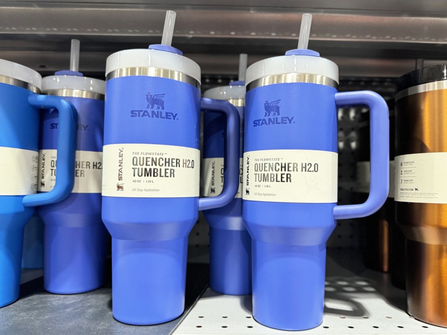 blue stanley tumblers on store shelf