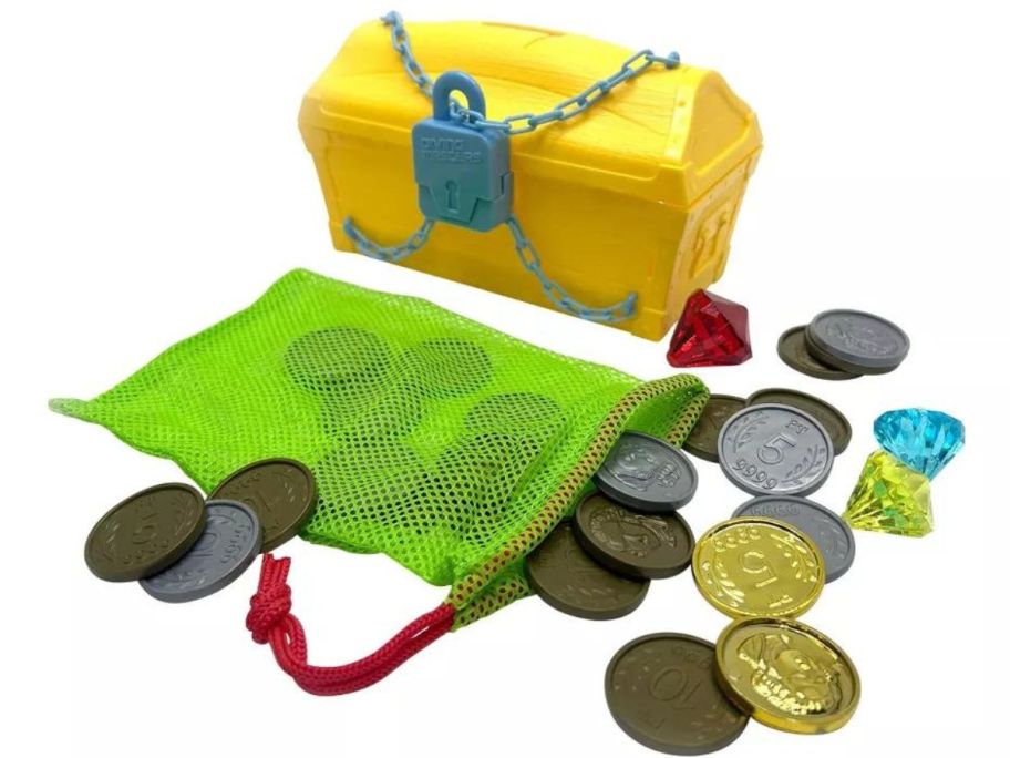 A treasure chest with coins and gems