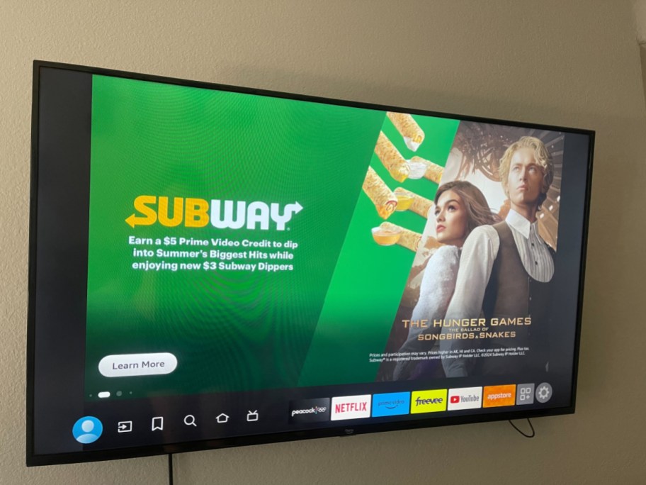 TV showing subway and Amazon $5 prime video credit