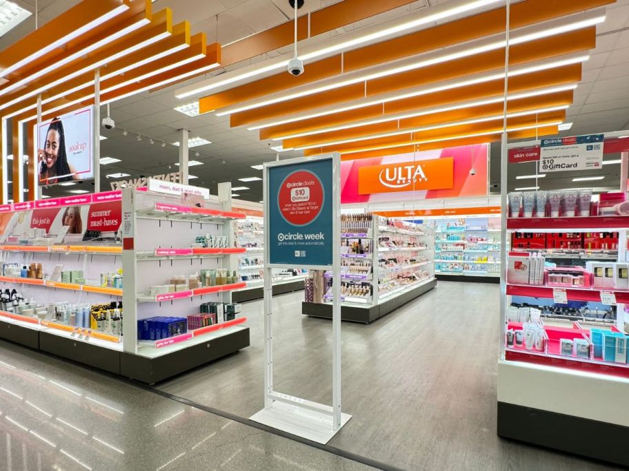 Sign for Target Circle Week Deal for Ulta Purchases inside the Ulta section of a store