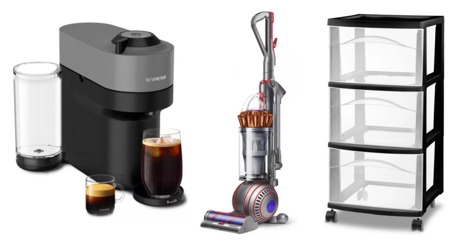 coffee maker, vacuum and storage bins