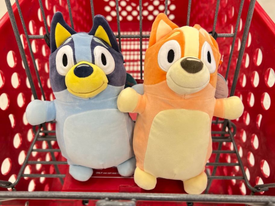 Squishmallows Hugmees Bluey and Bingo in a Target shopping cart