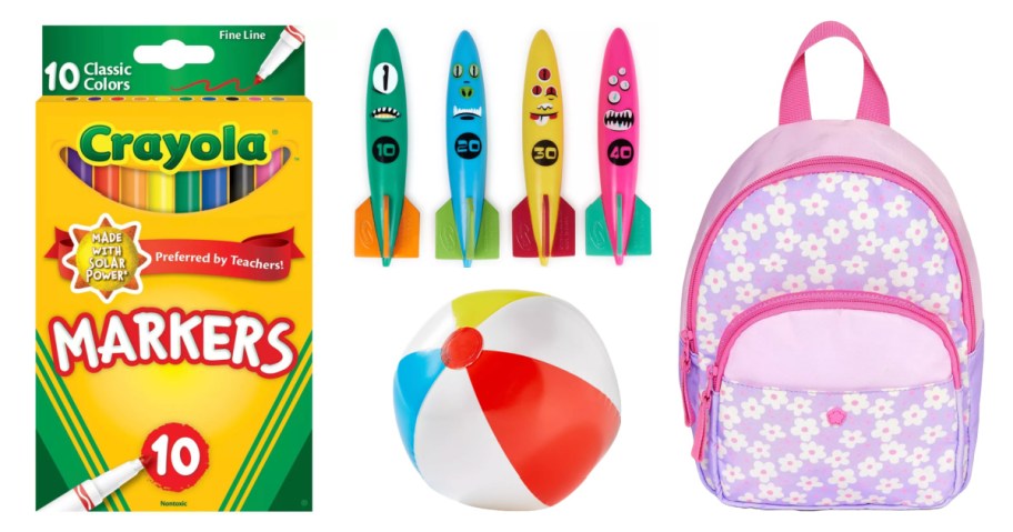 markers, pool toys and backpack