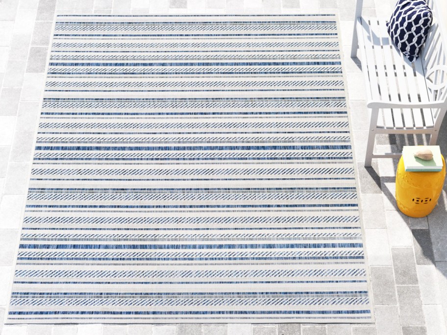blue and white striped rug