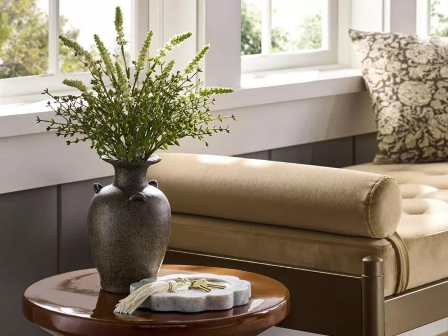 Threshold Designed w/ Studio McGee Fall Floral Hyssop Arrangement Decorative Plant on end table next to couch