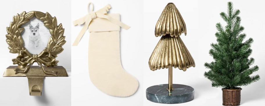 stocking holder, stocking, gold tree, and artificial christmas tree