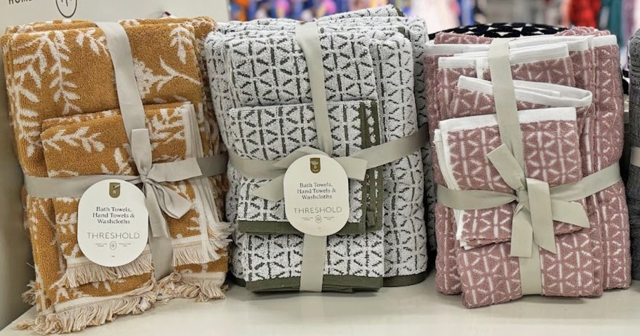 bath towel sets on store display shelf