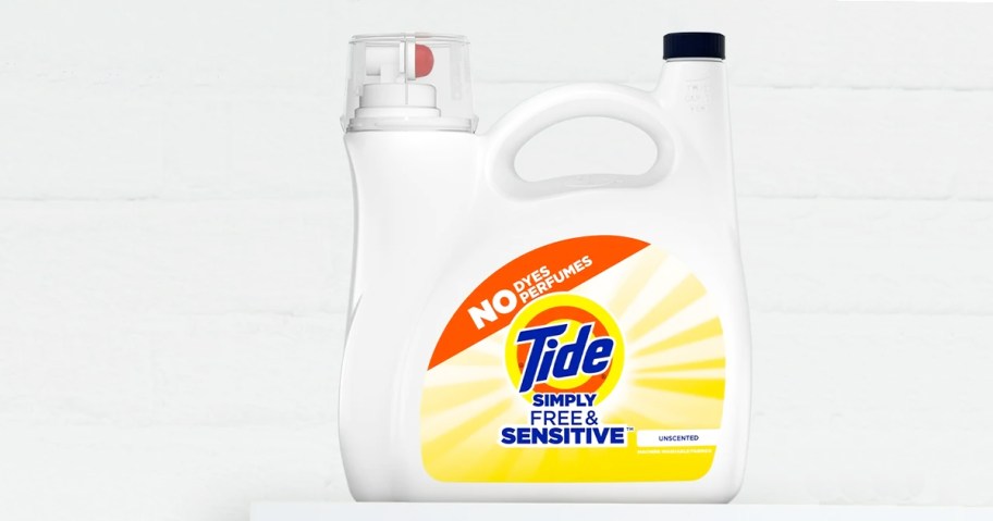 large white bottle of Tide Simply Free & Sensitive laundry detergent