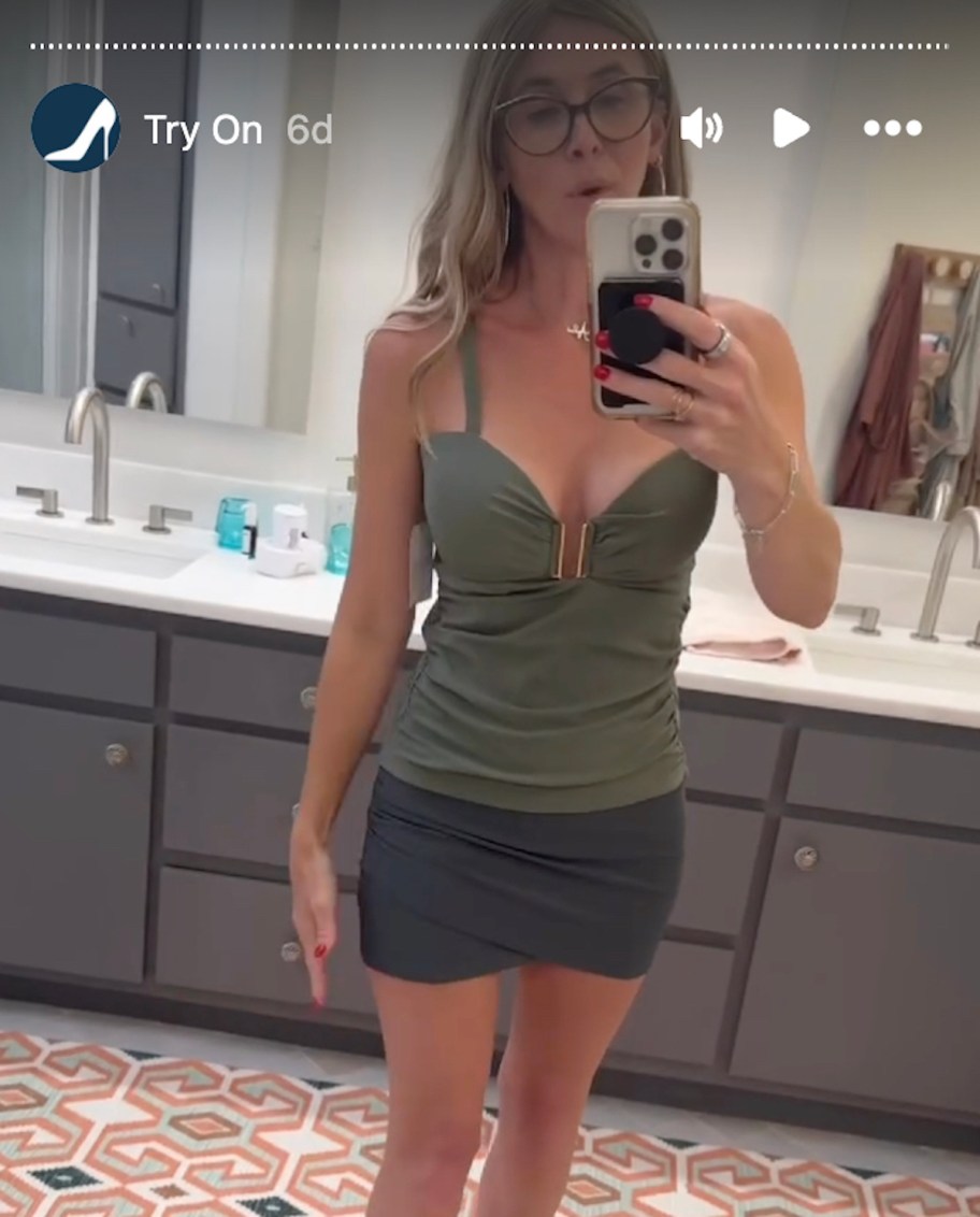 woman wearing green tankini bathing suit top on instagram try on highlight story