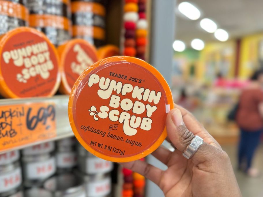 Trader Joe's Pumpkin Body Scrub in hand in store