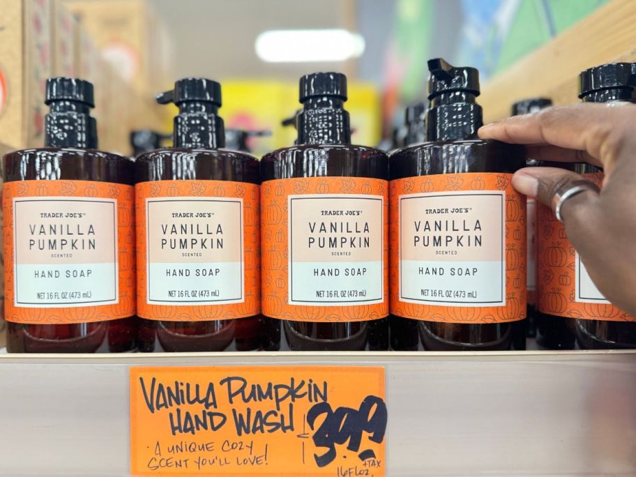 Trader Joe's Vanilla Pumpkin Scented Hand Soap on shelf in store