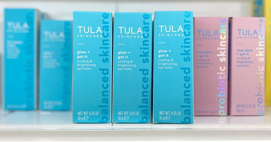 Tula Eye Balms on a shelf brand new in the box