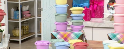 different colored tupperware heritage bowls on kitchen table