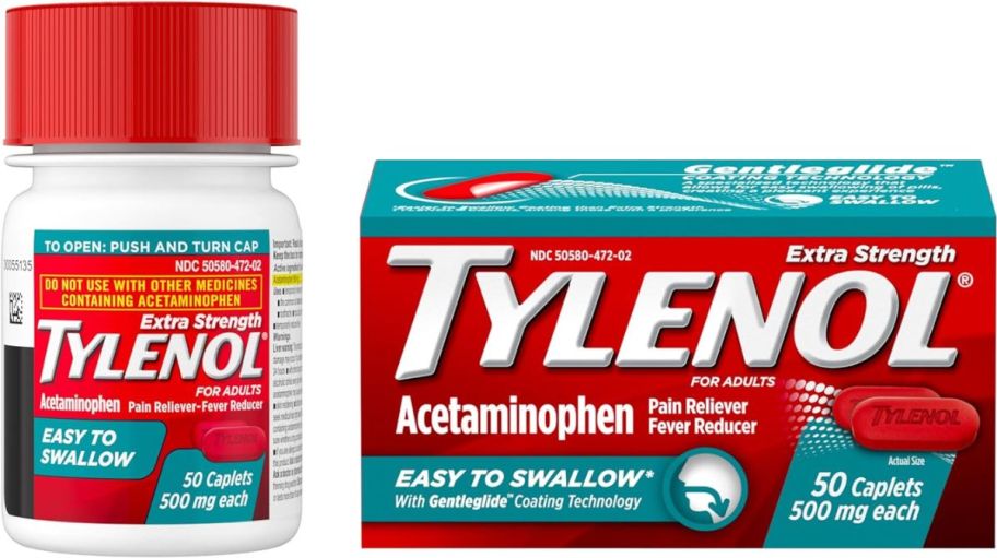 Tylenol Extra Strength Easy to Swallow 50 count caplets bottle shown with box on a white background