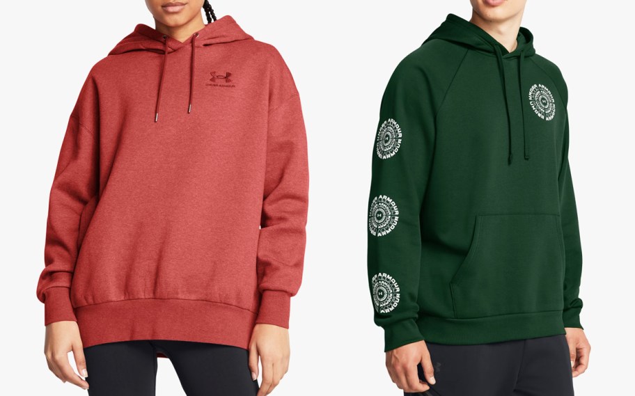 woman and man in red and green hoodies 