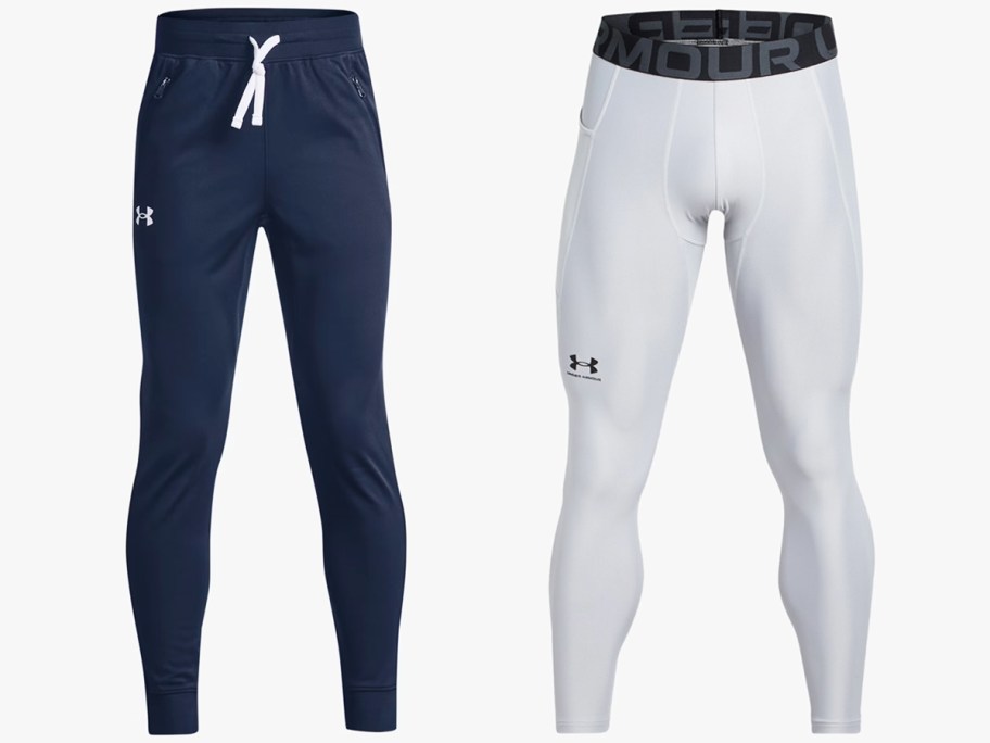 pair of blue joggers and white leggings