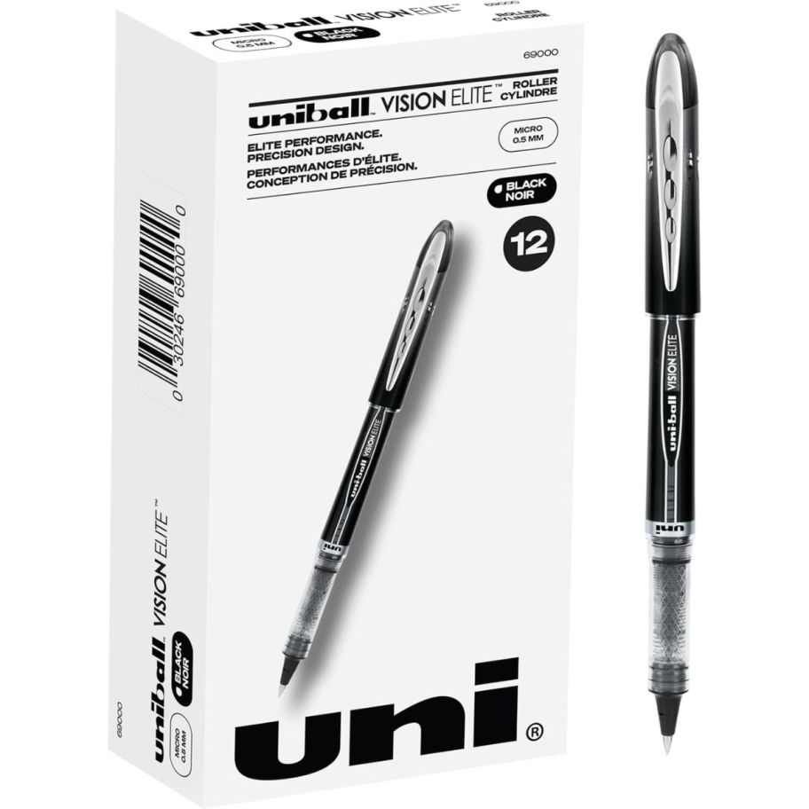 a 12 count box of uniball roller pens in black ink