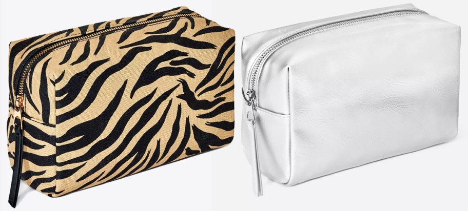 zebra striped and metallic silver zippered pouches