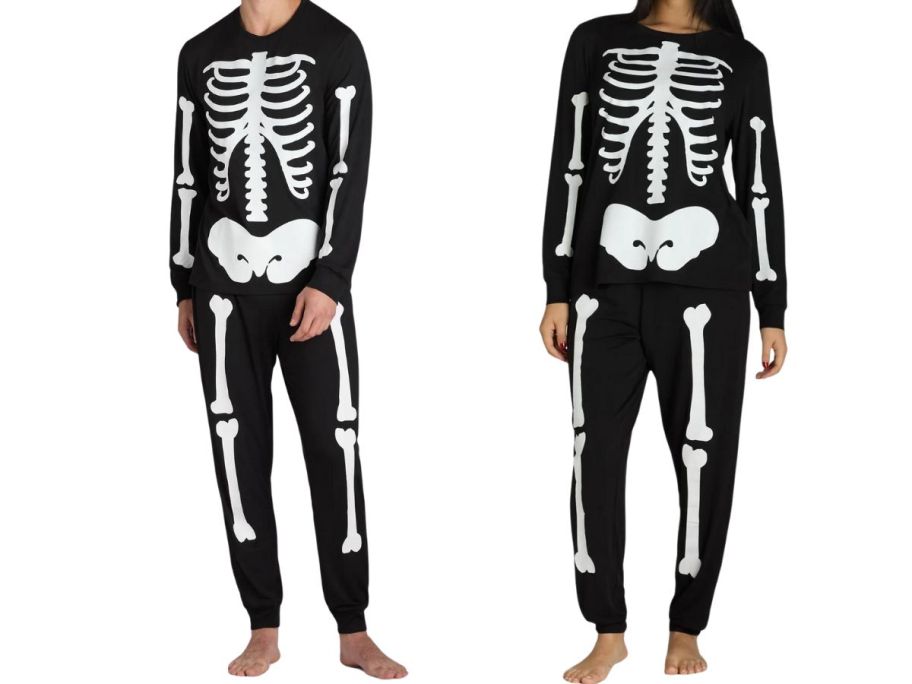 man and woman wearing Way To Celebrate Halloween Glow-In-The-Dark Skeleton Pajama 2-Piece Sets