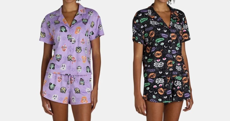 two women wearing Way To Celebrate Halloween Women's Shorty Pajama 2-Piece Sets