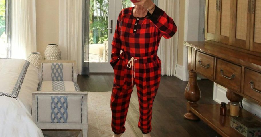 woman wearing Wiholl Two-Piece Long-Sleeve Lounge Set in bedroom