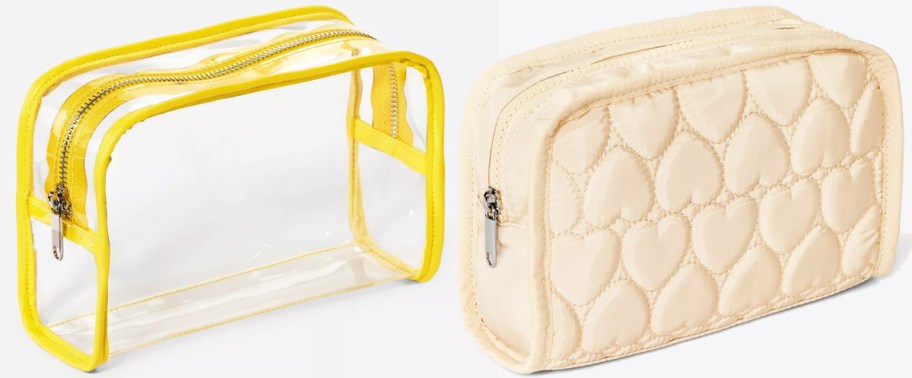 yellow and clear pouch and light pink heart print pouch