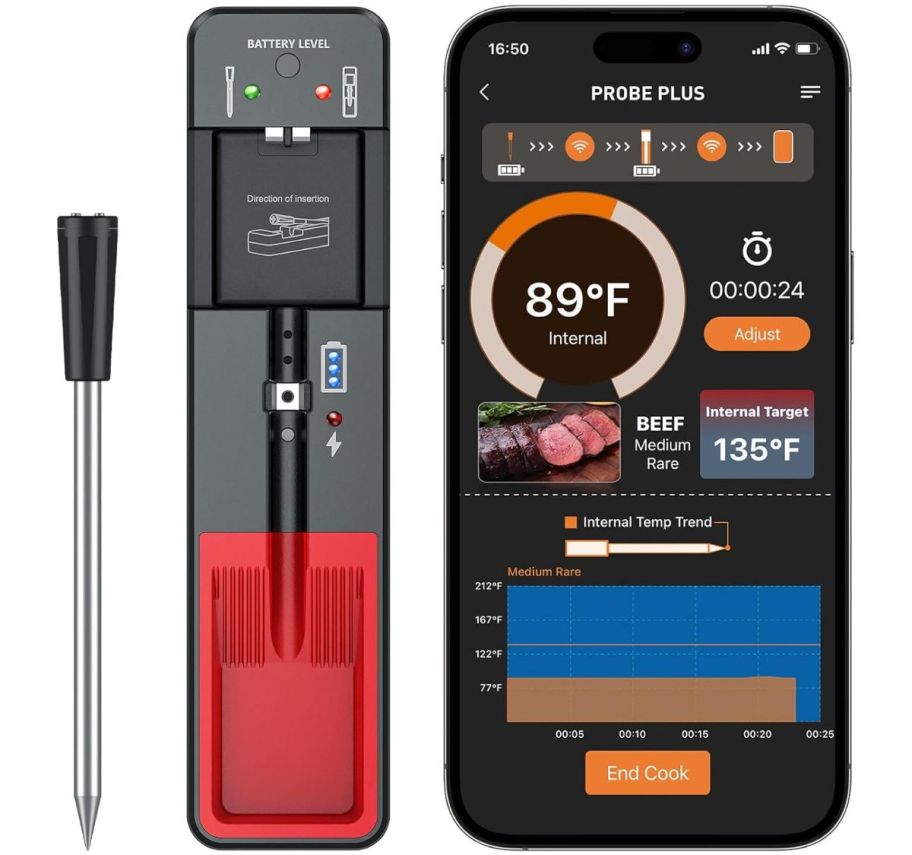 bluetooth meat thermometer shown with charger and app