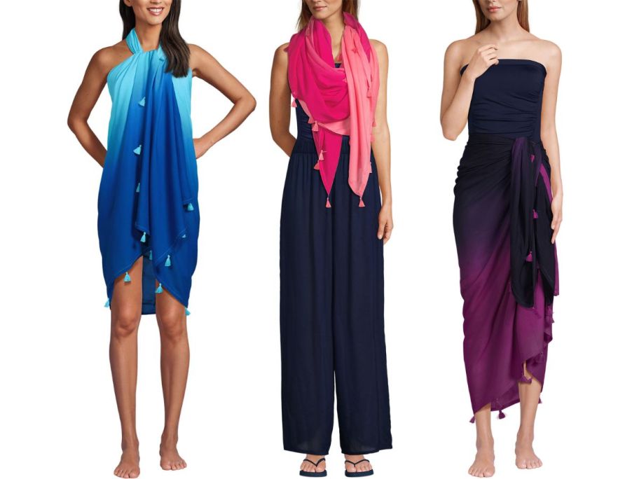 3 models wearing a swim cover up sarong 3 different ways